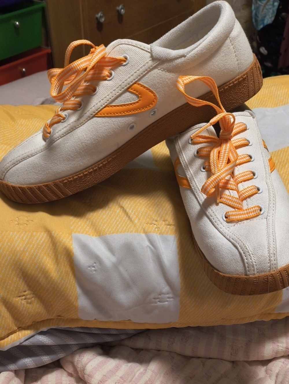 Tretorn White/Cream Canvas Sneakers with Bright Yellow Accents